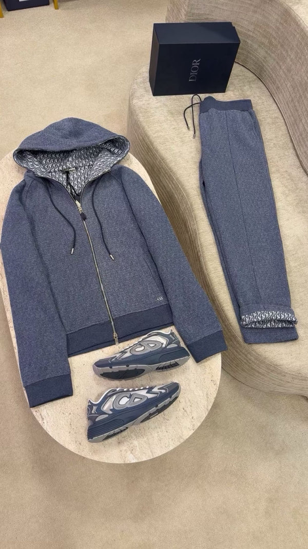 Ensemble Dior Oblique — Hoodie Zippé + Jogger Bleu-Gris